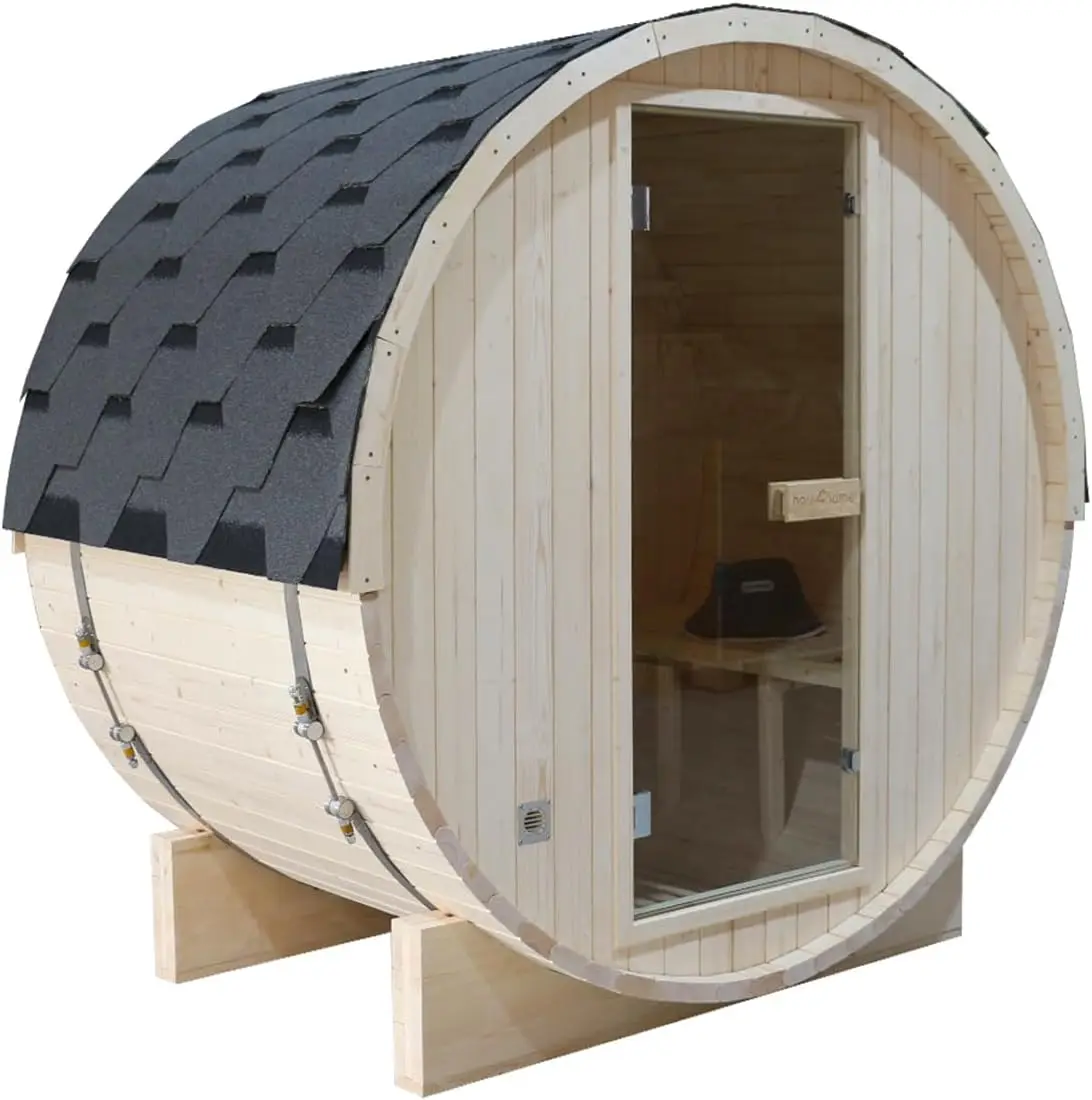 download - 2026-07-25T104628.659 Outdoor Barrel Steam Sauna, 1-2 Person Spruce Wood Sauna Room, 4.5KW Harvia Electric Heater, Asphalt Shingle Roof - Image 1