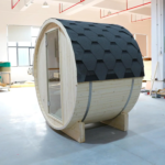 Outdoor Barrel Steam Sauna, 1-2 Person Spruce Wood Sauna Room, 4.5KW Harvia Electric Heater, Asphalt Shingle Roof - Image 2