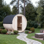 Outdoor Barrel Steam Sauna, 1-2 Person Spruce Wood Sauna Room, 4.5KW Harvia Electric Heater, Asphalt Shingle Roof - Image 7