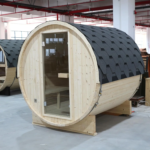 Outdoor Barrel Steam Sauna, 1-2 Person Spruce Wood Sauna Room, 4.5KW Harvia Electric Heater, Asphalt Shingle Roof - Image 5
