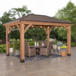 Backyard Discovery Barrington 4.3m x 3.1m Cedar Wood Outdoor Patio Gazebo with Hardtop Galvanised Steel Hip Roof and PowerPort