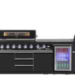 Kingsley 304 Black Stainless Steel 6 Burner Outdoor Kitchen w/ Fridge, Sink & Gas Pizza Oven Bundle